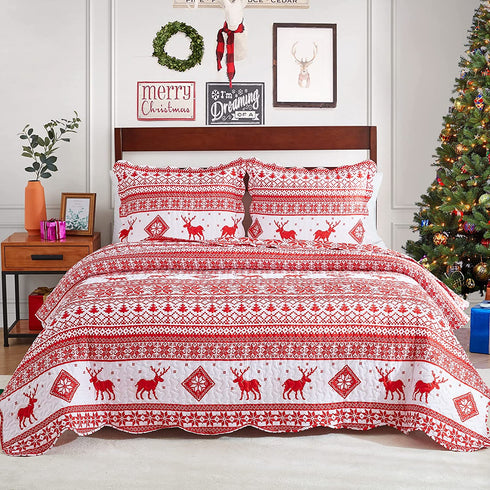 EHEYCIGA Red Printed Quilt Set Queen Christma Reindeer Snowflakes Reversible Holiday Home Décor - Bedspread Coverlet.