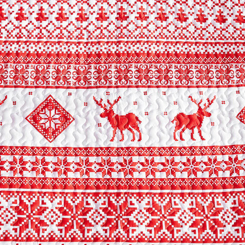 EHEYCIGA Red Printed Quilt Set Queen Christma Reindeer Snowflakes Reversible Holiday Home Décor - Bedspread Coverlet.
