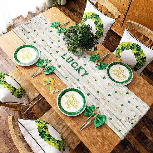 Chic D St.Patrick's Day Table Runner 13x70inch, Vintage Truck St.Patrick's Day Cotton Linen Spring Table Cloth Runners for Wedding Party Dinning Coffee Holiday, Farmhouse Style, Rustic Wood Gold Coin