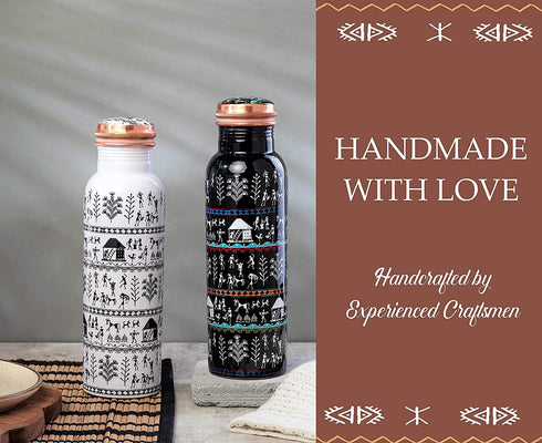 Peak Life Classy Warli Print Pure Copper Water Bottle | Leakproof Design | Ayurvedic Natural Wellness, Sports, Yoga, Fitness - 32 Oz (950ml)