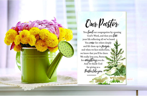 Our Pastor Wood Plaque with Inspiring Quotes 6 inches x 9 inches - Elegant Vertical Frame Wall & Tabletop Decoration | Easel & Hanging Hook | Christian Family Religious Home Decor Saying