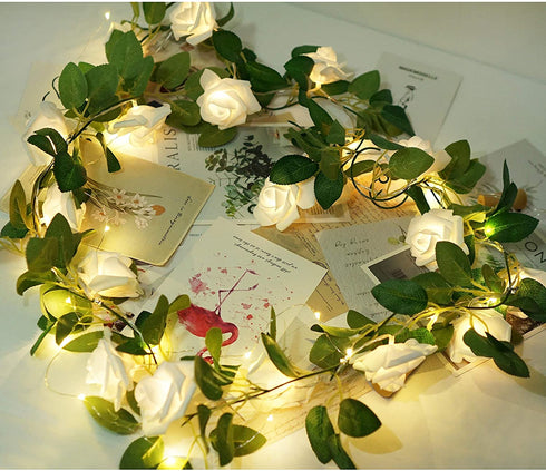 Rose String Lights Battery Powered or USB Powered with Remote Control, Rose Fairy Lights Waterproof for Bedroom, Christmas, Festivals, Wedding, Party, Valentine's Day (White, 6.6)