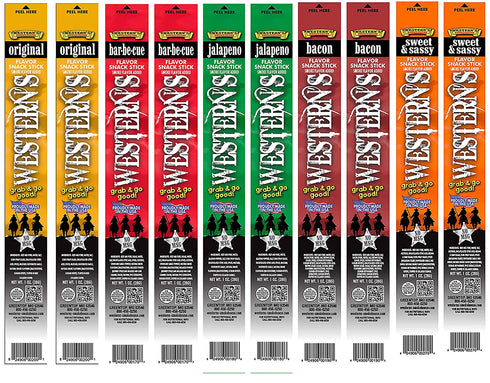 Western's Smokehouse Meat Sticks Sampler Pack of 10 - Pork and Beef Jerky Sticks Variety Pack - Proudly Made in the USA - Assortment of 5 Flavors (2 of ea.)