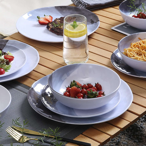Melamine Plates and Bowls Set - 12pcs Dinnerware Sets for 4, Dinner Plates for Indoor and Outdoor Use, Break-resistant, Grey & White
