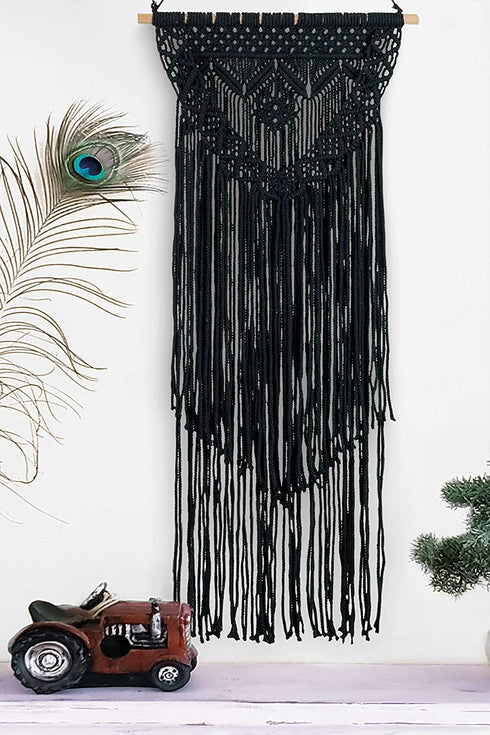 Boho Black Macrame Wall Hanging Woven Decor - Black 16 x 36 Inches Modern Bohemian Farmhouse Wall Art Tapestry Decor for House, Apartment, Dorm Room, Nursery, Party Decorations, Wedding, Wall Ornament