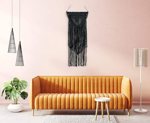 Boho Black Macrame Wall Hanging Woven Decor - Black 16 x 36 Inches Modern Bohemian Farmhouse Wall Art Tapestry Decor for House, Apartment, Dorm Room, Nursery, Party Decorations, Wedding, Wall Ornament