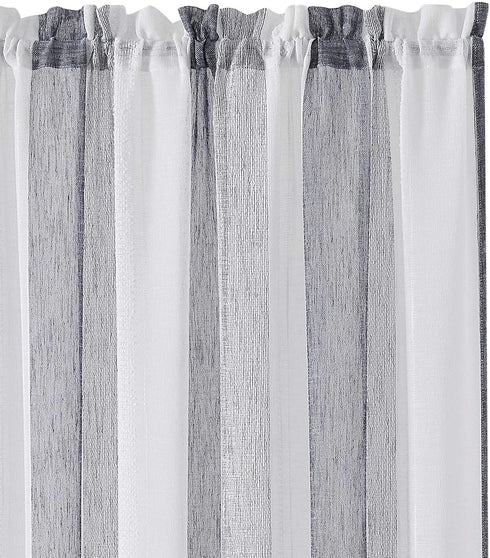 Central Park White French Door Curtain Navy Blue Stripe Sheer Window Panels Boucle Linen Drapes Rod Pocket Yarn Dyed Woven Curtain for Living Room (25" Wx72 Lx 2), 2 Panels