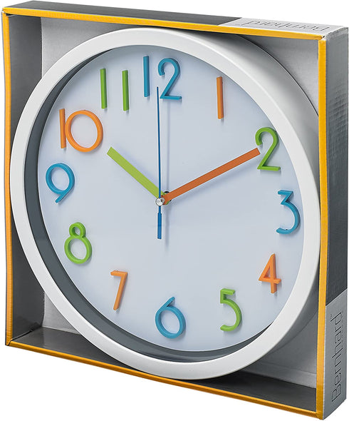 Bernhard Products Colorful Kids Wall Clock 10 Inch Silent Non Ticking Quality Quartz Battery Operated Wall Clocks, Easy to Read 3D Multi Colored Numbers Nursery Classroom Office Kitchen, White Frame