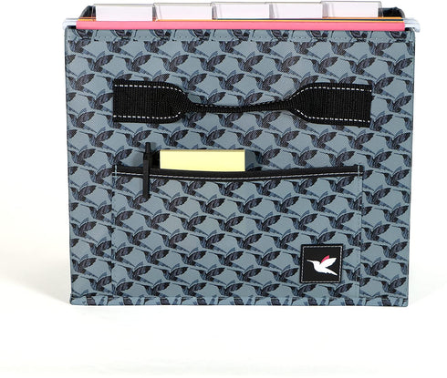 Stola Fabric File Bin, File Organizer, Home Office File Box, Decorative Water Resistant Document Holder With Front Pocket and Handles, Blue and Gray Hummingbird Houndstooth