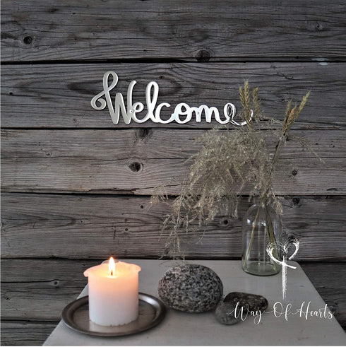 Way Of Hearts - Polished Metal Welcome Sign For Front Door - Silver Wall Decor 13.4 X 4.3" inches - Rustproof Stainless Steel - Welcome home decorations -Farmhouse wall decor