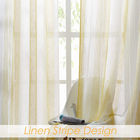 Central Park Sheer Yellow and White Stripe Farmhouse Curtains Boucle Linen Window Curtain Panel Pairs Yarn Dyed Woven 63 Inches Long for Living Room Bedroom 2 Pack Rod Pocket Rustic Living Panels