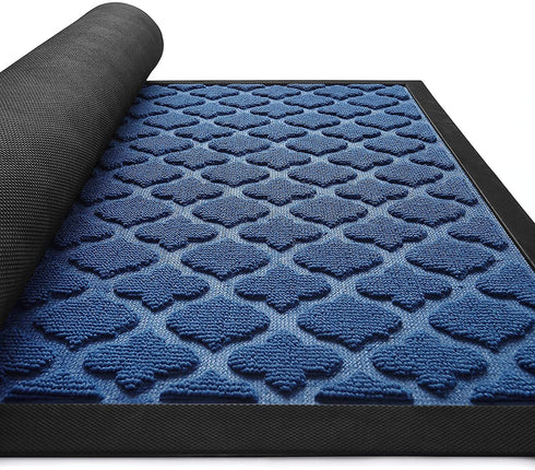 DEXI Door Mat Front Indoor Outdoor Doormat Small Heavy Duty Rubber Outside Floor Rug for Entryway Patio Waterproof Low-Profile,17"x29",Navy Blue