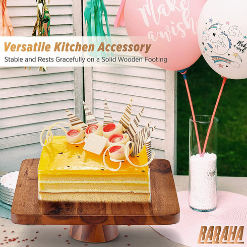 RABAHA Wooden Cake Stand Acacia 12 inch Square Cake Stand with 2 Icing Spatulas - Wedding and Birthday Cake Pedestal - 100% Natural Wood for Use at Parties, Restaurants (Acacia Wood)