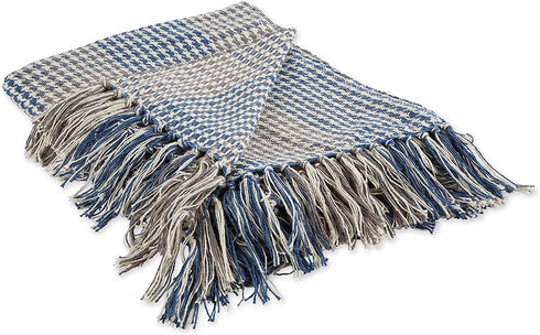 DII French Blue & Gray Houndstooth Plaid Throw, 50x60 with 2.5" Fringe