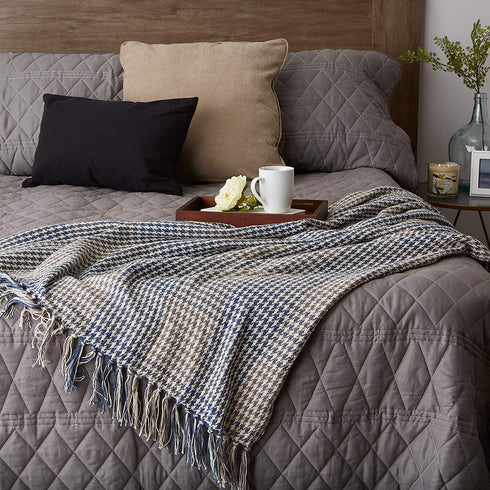 DII French Blue & Gray Houndstooth Plaid Throw, 50x60 with 2.5" Fringe