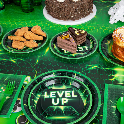 Decorlife Video Game Party Supplies Serves 8, Cute Gamer Birthday Decorations for Boys, Complete Pack Includes Tablecloth, Pre-Strung Banner, Green, Total 58PCS