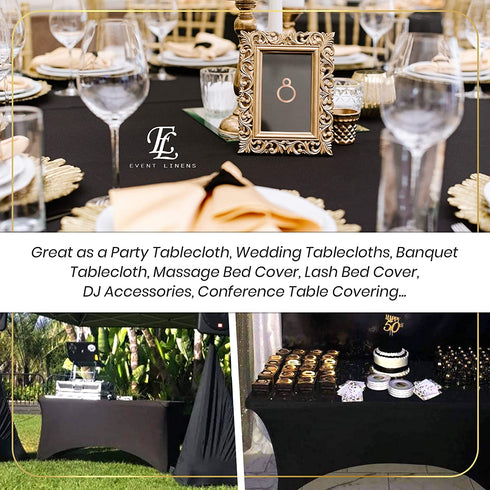 6ft Tablecloth Rectangular Spandex Linen - Black Table Cloth Fitted Cover for 6 Foot Folding Table, Wedding Linens Banquet Cloths Rectangle Covers (2 Pack)