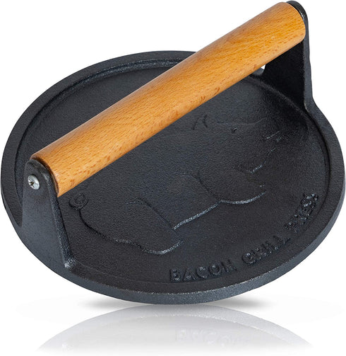 Chef's Secret 7-Inch Preseasoned Cast Iron Bacon Press, Durable Kitchen Tool with Pig Logo and Wood Handle