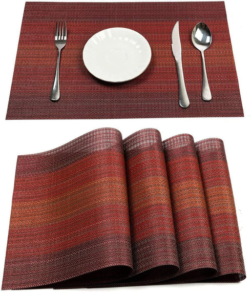 Pauwer Placemats with Table Runner Set Heat Resistant Washable Woven Vinyl Placemats Set of 6 and Runners for Dining Table Wipe Clean