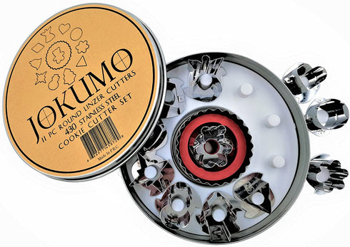 JOKUMO 11 Piece Round Linzer Cookie Cutter Set – High Grade 430 Stainless Steel - with Storage Tin