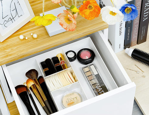 CAXXA 2PK - 3 Slot Drawer Organizer with Two Adjustable Dividers - 5 Compartments Drawer Storage Junk Drawer Organizer for Office Desk Supplies and Accessories, White