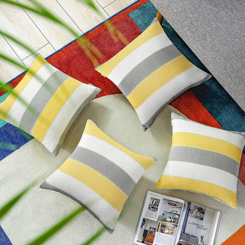 AmHoo Pack of 2 Farmhouse Stripe Check Throw Pillow Covers Set Case Cotton Linen Decorative Pillowcases Cushion Cover for Couch Bench Sofa 20x20Inch Yellow Beige