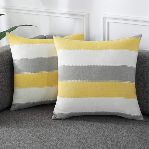 AmHoo Pack of 2 Farmhouse Stripe Check Throw Pillow Covers Set Case Cotton Linen Decorative Pillowcases Cushion Cover for Couch Bench Sofa 18x18Inch Yellow Beige