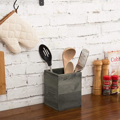 MyGift Rustic Vintage Gray Wood Crock Utensil Holder/Kitchen Essential Organization Square Caddy/Countertop Silverware Organizer Bin