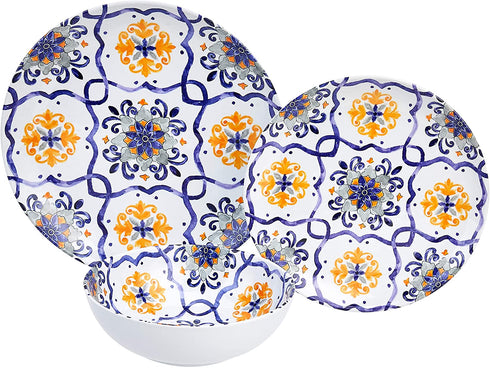 Amazon Basics 12-Piece Melamine Dinnerware Set - Service for 4, Traditional Blue & Yellow
