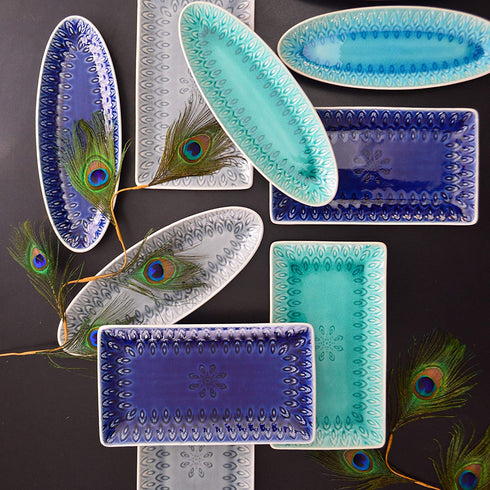 Euro Ceramica Peacock Collection Crackleglaze Serveware Trays/Platters, 13" Oval Appetizer, Feather Geometric Pattern, Blue