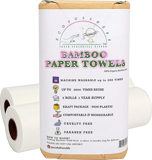 Bamboo Paper Towels - Washable Reusable Paper Towels, 2 Rolls, 1 Year Supply, Use Up to 2000 Times - Eco Friendly Paper Towel Alternative - Zero Waste, Biodegradable Kitchen Roll (40 Sheets)