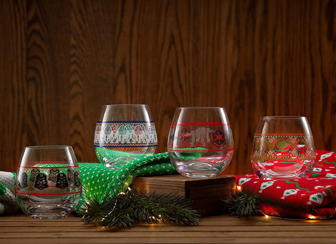 JoyJolt Star Wars„¢ Ugly Sweater Stemless Glasses. Set of 4 Large 15oz Stemless Glass Drinking Glasses, Star Wars Kitchen Glasses. Star Wars Gifts for Men or Women, Star Wars Collectibles for Adults
