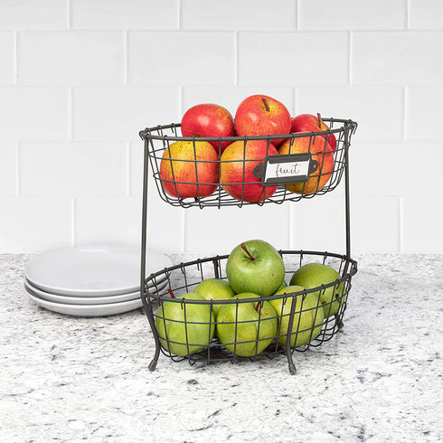 Spectrum Diversified Vintage Living Oval Server Stacked, 2-Tier Bowls, Dining Table & Kitchen Counter Organizer, Modern Fruit Basket Stand, Industrial Gray