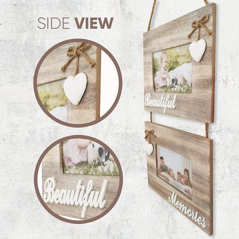 Beautiful Memories Rustic Double Wall Hanging Farmhouse 4x6 Picture Frame Set - A Decorative Collage Photo Frames with Whitewash Style Wood and Shabby Chic Decor. Marcos Para Fotos De Pared.