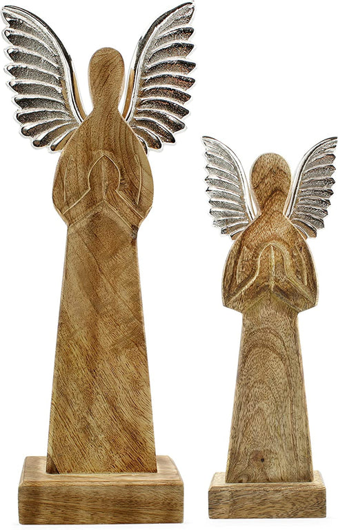 AuldHome Wooden Angel Christmas Statues (Set of 2); Primitive Farmhouse Holiday Decor Wood and Metal Praying Figurines