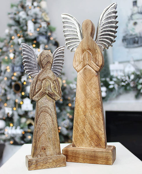 AuldHome Wooden Angel Christmas Statues (Set of 2); Primitive Farmhouse Holiday Decor Wood and Metal Praying Figurines
