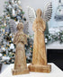 AuldHome Wooden Angel Christmas Statues (Set of 2); Primitive Farmhouse Holiday Decor Wood and Metal Praying Figurines