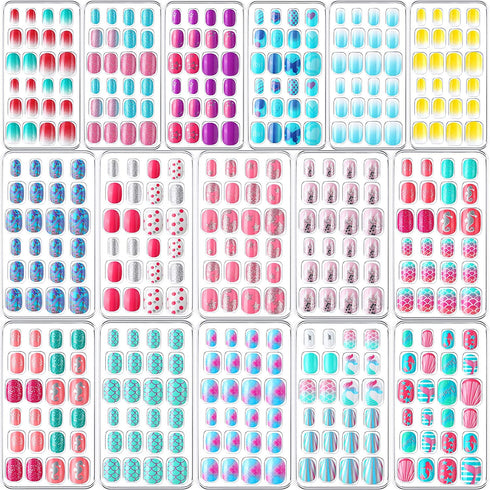 384 Pieces Kids Press on Nails Mini False Nails with Designs Press on Nails for Kids Stick on Short Fake Nails for Christmas Nail, 16 Boxes (Mermaid, Shell)