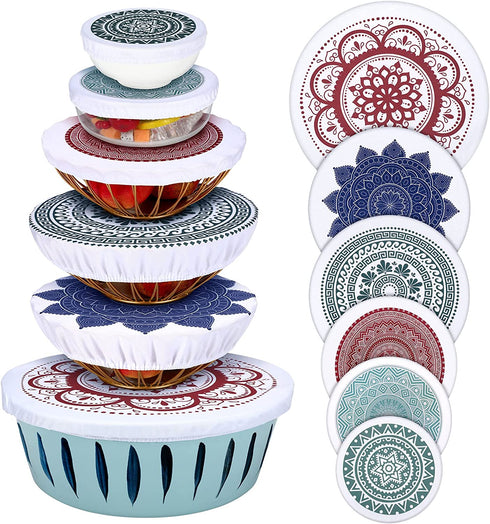 12 Pieces Reusable Bowl Covers Elastic Food Covers Fabric Bowl Covers with 5 Sizes Rustic Cloth Stretchy Dish Covers Washable Food Cover for Bread Proofing Kitchen Container (Mandala Style)