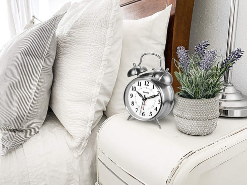 Sharp Twin Bell Alarm Clock - Loud Alarm - Great for Heavy Sleepers - Battery Operated Quartz Analog ¦ (Brushed Silver)