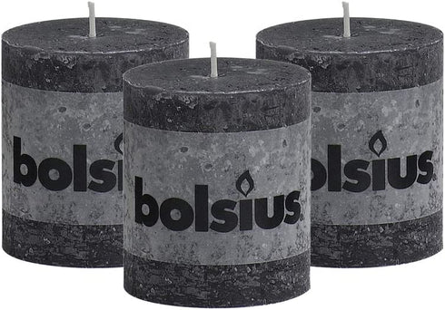 BOLSIUS Rustic Anthracite (Black) Unscented Pillar Candles - 2.75" X 3.25" Decoration Candles Set of 3 - Clean Burning Dinner Candles for Wedding & Home Decor Party Restaurant Spa- Aprox (80x68m)