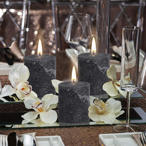 BOLSIUS Rustic Anthracite (Black) Unscented Pillar Candles - 2.75" X 3.25" Decoration Candles Set of 3 - Clean Burning Dinner Candles for Wedding & Home Decor Party Restaurant Spa- Aprox (80x68m)