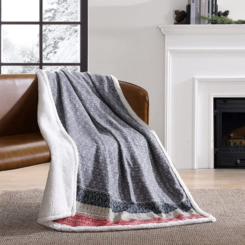 Eddie Bauer Home | Brushed Collection | Giftable Sherpa Fleece Reversible Throw, Ultra Soft & Cozy, Perfect for Bed or Couch, Fair Isle Dark Steel