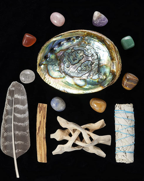 Sage Smudge Kit ~ White Sage Bundle ~ 8 Healing Chakra Stones ~ Abalone Shell & Stand ~ Smudging Feather ~ Cleanse Guide/Blessings ~ Smoke Cleansing Sage Smudge Sticks Healing Growing Manifesting