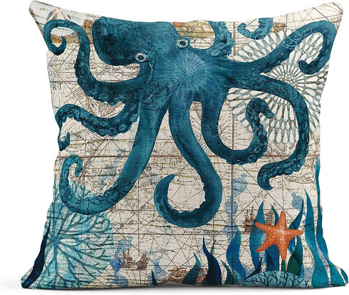 Emvency Set of 4 Throw Pillow Covers Blue Ocean Theme Nautical Coastal Octopus Hippocampus Turtle Whale Mediterranean Style Decorative Pillow Cases Home Decor Square 18x18 Inches Pillowcases