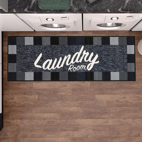 Ottomanson Laundry Collection Checkered Border Rubberback Runner Rug, 20" x 59", Black