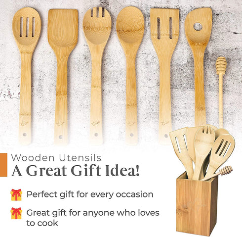 IGA - Organic Bamboo Cooking Utensils Set Spoons, Spatulas With Holder For High Heat Resistant In Nonstick Pots, Pans & Cast Irons Skillets (8-Piece Set) Great Gift Idea For Everyday Use