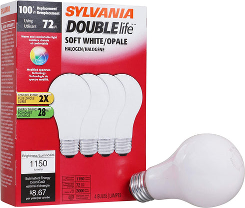 SYLVANIA Halogen Double Life A19 Light Bulb, 100W Equivalent, Efficient 72W, 1150 Lumens, Medium Base, 2800K, Soft White - 4 Pack (50044)