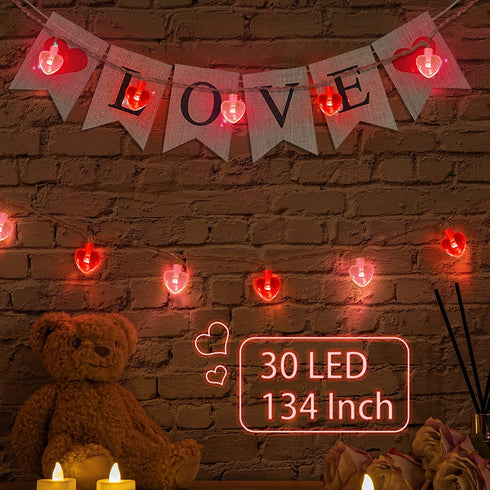 Valentine's Day Heart String Lights, 11ft 8Modes 30LED Red and Pink String Light Battery Operated with Remote, Timing Function Valentines Decoration Light String for Bedroom Wedding Anniversary Party