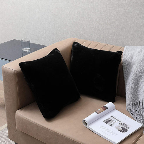 SISIZH Decorative Plush Faux Fur Throw Pillow Covers with Zipper Closure, 20x20 Inch Luxury Velvety Soft Square Cushion Cases Pillowcase for Couch, Set of 2, Black